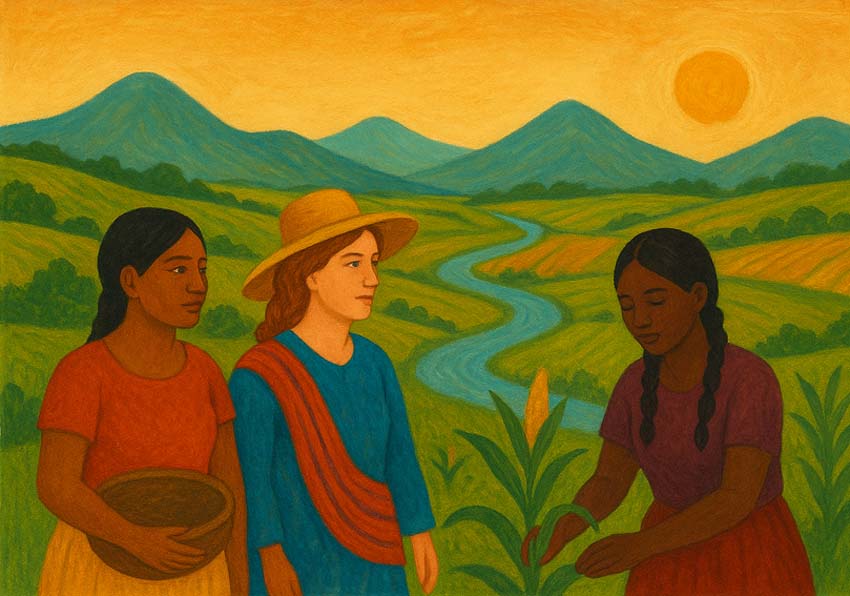 Drawing of three women in the countryside